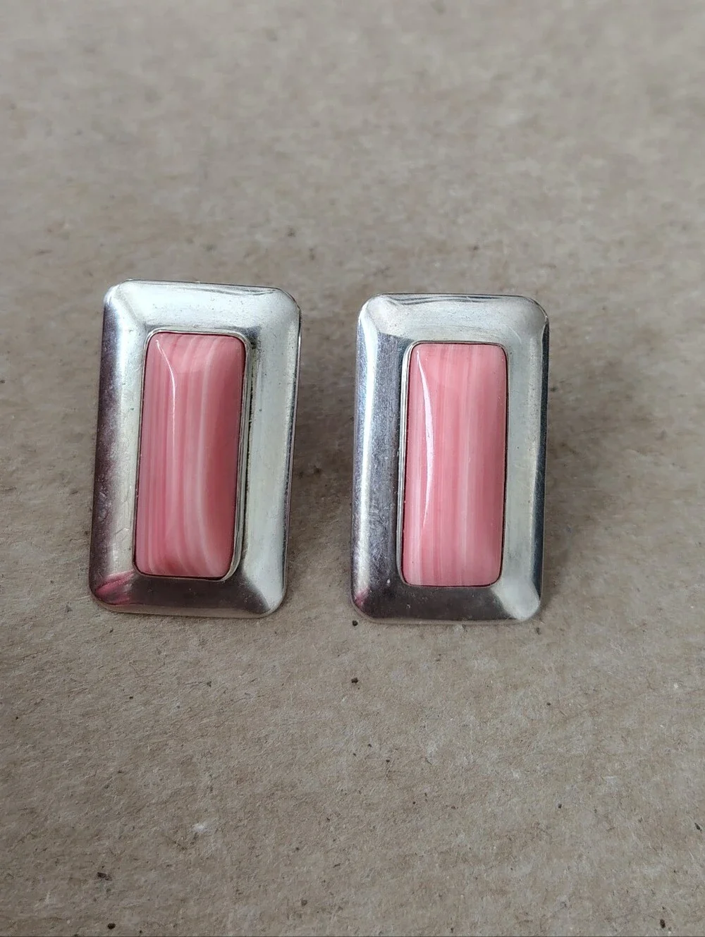 Pink Rectangular Stone Silver-Tone Stud Earrings - Women Jewelry